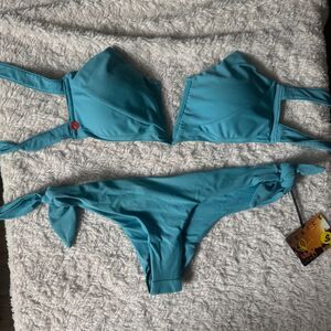 Venice Rani Swimwear Blue Removable Straps & Tie Bottom Two Piece Bikini Sm NWT